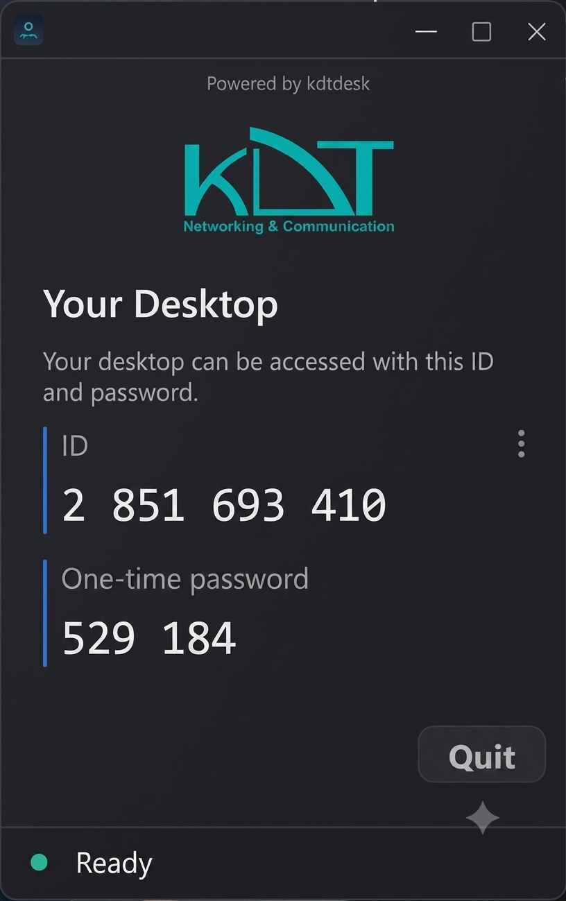 KdtDesk application window showing your desktop ID and one-time password